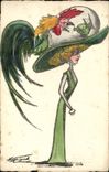 Vintage Postcard Fantaisie Illustrator Woman Hat Caps Cock