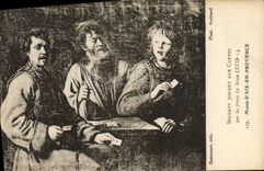 Vintage Postcard Soldiers playing Charts by the brothers the Dwarf Museum of Aix in Provence