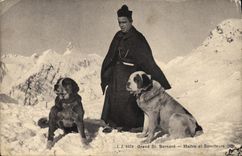 CPA Chiens Chien Grand St Bernard Maitre et serviteurs