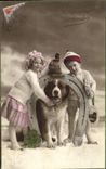 Vintage Postcard Chiens Dog Children Horseshoe