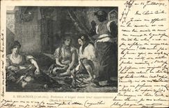 Postal Delacroix Mujeres de Argel en su apartamento París Vagada del Louvre