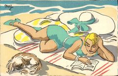 Vintage Postcard Fantasy Illustrator Woman Beach Dog