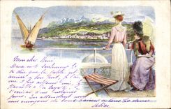 Vintage Postcard Fantasy Evian Illustrator the Baths Boat