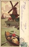 Vintage Postcard Fantaisie Illustrator Woman Boat Windmill