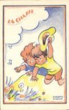 Vintage Postcard Fantasy Illustrator Children hunting Dorette Muller