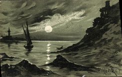 Vintage Postcard Fantasy Illustrator Landscape Boat