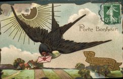 Vintage Postcard Fantaisie Bird Swallow Carries happiness