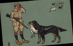 Postal Caza Cazador Perro Gallinas