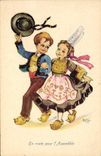 Vintage Postcard Fantasy Illustrator Children On the way for the Assembly