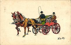 Vintage Postcard Fantasy Illustrator Caleche Horses Horse