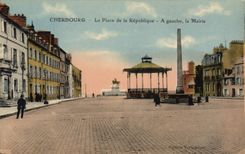 Vintage Postcard Cherbourg Kiosk the Place of the Republic On the left the Town hall