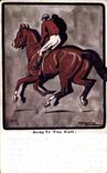 Vintage Postcard Fantasy Illustrator Going to the start Horse Equestrian sports