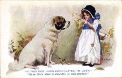 Vintage Postcard Dog chocolate Dogs Child IF this dog likes I' m lost