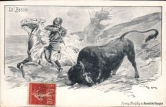 Vintage Postcard Drives out Hunter the bison
