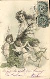 Vintage Postcard Fantasy Illustrator Woman Children Angels