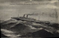Vintage Postcard Boat Lotus French Steamer of the Shipping company by heavy sea