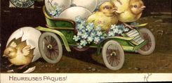 Automobile Vintage Postcard Fantasy Flowers Chicks