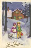 Vintage Postcard Fantasy Illustrator Children Dog Happy new year