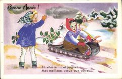 CPA Fantaisie Illustrateur Enfants Luge Bonne annee 