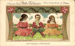 CPA Fantaisie Illustrateur Enfants La Belle Jardiniere Paris Rue du Pont Neuf Les rondes enfantines Le furet 