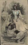 Vintage Postcard Dogs Dog Woman Angel