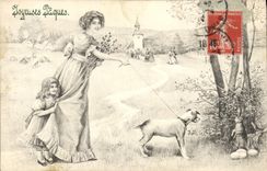 CPA Fantaisie Femme Enfant Chien 