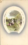 Vintage Postcard Fantaisie Flowers Children Horseshoe