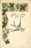 CPA Fantaisie Fleurs Hirondelle 