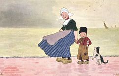 Postal Fantasia Ilustrador Holanda Mujer - niño Gato Gatito