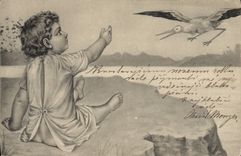 CPA Fantaisie Illustrateur Enfant Cigogne 