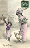 Postal Fantasia Ilustrador Mujer - niño Pascuas Oveja