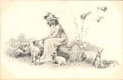 CPA Fantaisie Illustrateur Femme Lapin Moutons