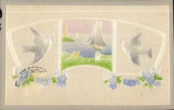 CPA Fantaisie Fleurs Colombes Bateau (carte toilée) 