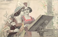 CPA Fantaisie Illustrateur Femmes Lion 