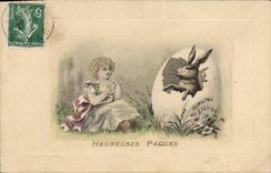 CPA Fantaisie Enfant Lapin Oeuf 