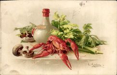 Vintage Postcard Fantasy Illustrator Flowers Crayfish Mushroom