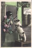 Vintage Postcard Dog Dogs Woman Happy new year