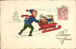 CPA Fantaisie Illustrateur Enfant Luge Bonne annee 