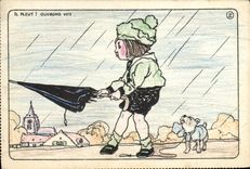 Vintage Postcard Fantaisie Illustrator Child It rains Ouvrons Chien quickly