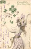 Vintage Postcard Fantaisie Woman Pig Pig Clover Mushroom Horseshoe