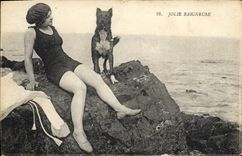 Vintage Postcard Dog Dogs Woman Pretty bather