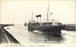 Vintage Postcard Boat Boulogne Steamer on Sea Onward in the piers