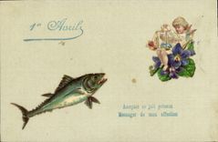 Vintage Postcard Fantasy Flowers Poisson Child