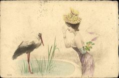 Vintage Postcard Fantasy Woman Stork