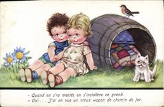 CPA Fantaisie Enfants Oiseau Chat Chaton 