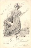 Vintage Postcard Fantasy Woman Sheep Rabbit