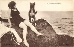 Vintage Postcard Dog Dogs Pretty Woman bather
