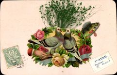 Vintage Postcard Fantasy Flowers Poisson Birds