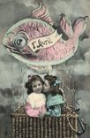 CPA Fantaisie Paques Poisson Enfants 1er Avril Ballon Mongolfiere 