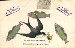 CPA Fantaisie Paques Poisson 1er Avril Hirondelle 